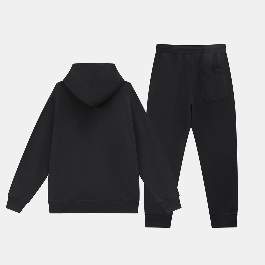 【コスパ優秀】ベーシック 綿 パーカー＆パンツ ブラック | 帽子付き ポケット付きのゆったり2点セット
